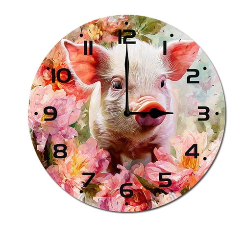 ZXCXRQFa Animal Cute Pig Watercolor Flower Kitchen Home 10 Inch Silent Vintage Design Round Wall Clock Numerals Design Non Ticking Retro Clocks Home Decor Desk Clock