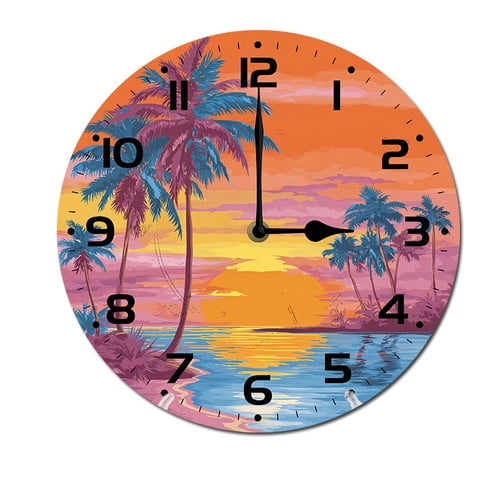 ZXCXRQFa Beach Palm Tree Sunset Silent Wall Clocks for Living Room Kitchen Decor Bathroom Farmhouse Non Ticking Decorative Clock 10-Inch Round Clocks