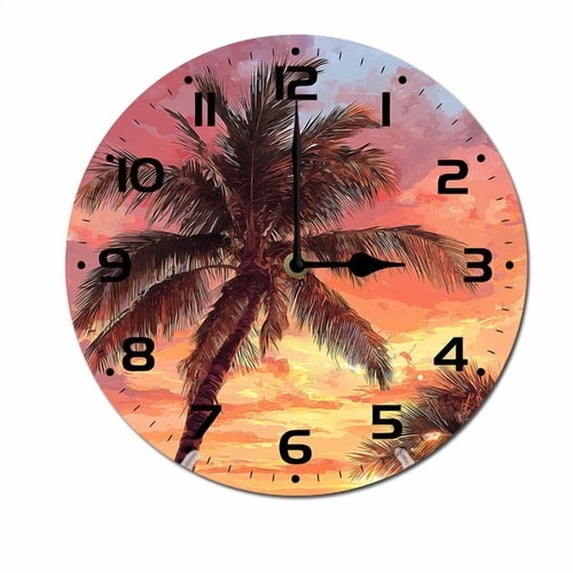 ZXCXRQFa Beach Palm Tree Sunset Wood Wall Clock Silent Non-Ticking Kitchen Desk Clock Battery Operated Analog Decorative Round Clocks 10 in Garden Home Decor
