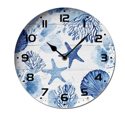 ZXCXRQFa Beach Themed Sea Shell Clock Home Decor Round Wood 10 Inch Wall Clocks Non Ticking Silent Clock Art for Living Room Kitchen Bedroom Decorative