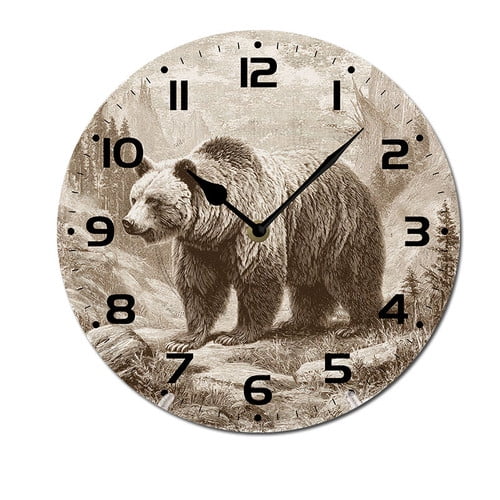 ZXCXRQFa Bear Walking In The Wild Silent Non Ticking Round Wall Clock Home Decor Battery Operated Decorative for Living Room, Kitchen, Bedroom Clock Art 10in