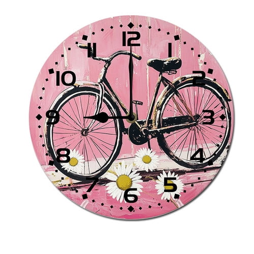 ZXCXRQFa Bicycle Daisy Round Wood Wall Clock, 10 Inch Battery Operated Analog Quiet Desk Clock for Home,Kitchen,Office,School,Bathroom