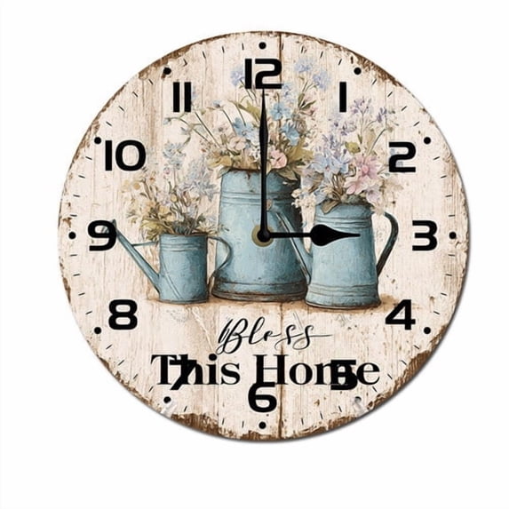 ZXCXRQFa Bless This Home Flower Wood Wall Clock Silent Non-Ticking Kitchen Desk Clock Battery Operated Analog Decorative Round Clocks 10 in Garden Home Decor