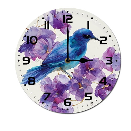 ZXCXRQFa Blue Bird On Branches Flower Clock Home Decor Round Wood 10 Inch Wall Clocks Non Ticking Silent Clock Art for Living Room Kitchen Bedroom Decorative