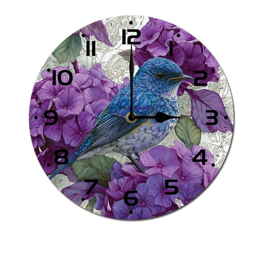 ZXCXRQFa Blue Bird On Branches Flower Silent Non Ticking Wooden Clock 10 Inch, Round Wall Clock,Decorative for Living Room, Kitchen, Home,Bathroom, Bedroom, Office or School