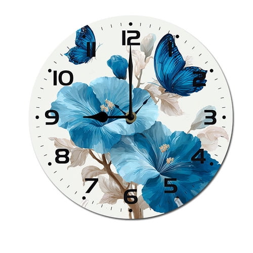 ZXCXRQFa Blue Butterfly Flower Wood Wall Clock Silent Non-Ticking Kitchen Desk Clock Battery Operated Analog Decorative Round Clocks 10 in Garden Home Decor