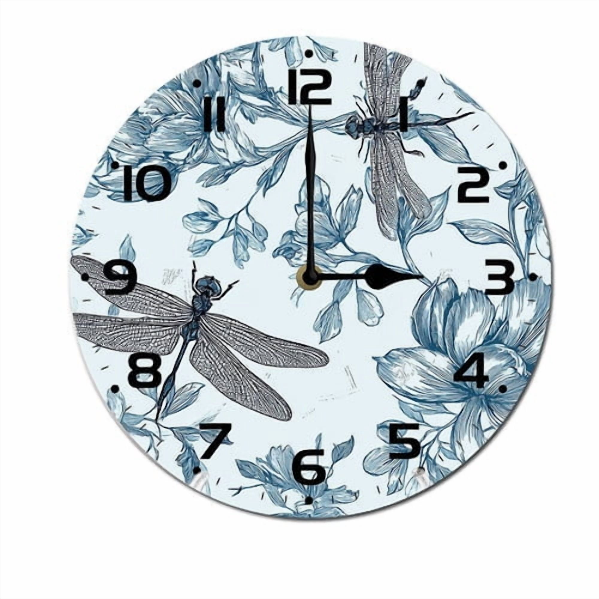 Dragonfly Clock Roses ZXCXRQFa Blue Dragonfly Flower Wall Clock Non Ticking Silent Kitchen ...