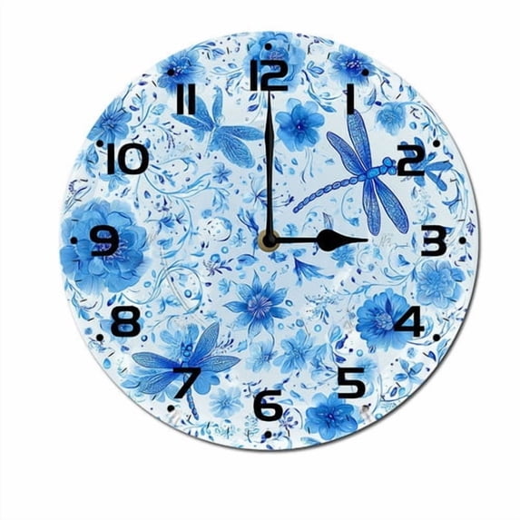 ZXCXRQFa Blue Dragonfly Flower Wood Wall Clock Silent Non-Ticking Kitchen Desk Clock Battery Operated Analog Decorative Round Clocks 10 in Garden Home Decor