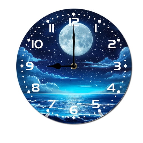 ZXCXRQFa Blue Moon Lake Round Wood Wall Clock, 10 Inch Battery Operated Analog Quiet Desk Clock for Home,Kitchen,Office,School,Bathroom