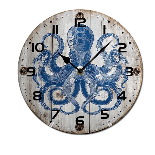 ZXCXRQFa Blue Octopus Wooden Wall Clocks Battery Operated 10 Inch Silent Non-Ticking Quiet Desk Clock Decor for Living Room Home Office School Kitchen