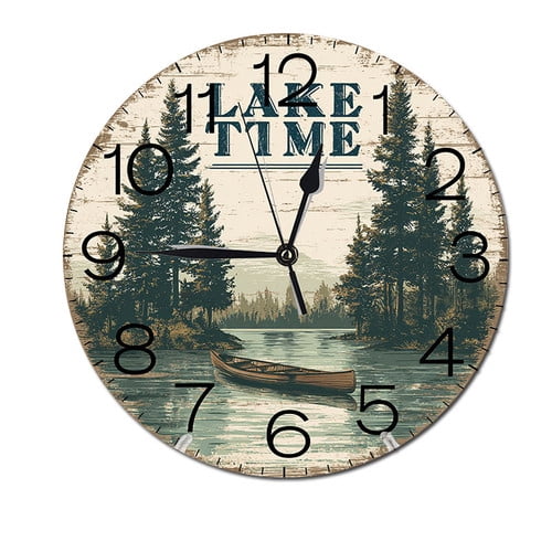 ZXCXRQFa Cabin Lake Time PVC Silent Non-Ticking 10 Inch Round Clocks Battery Operated Analog for Living Room Kitchen Bedroom Bathroom Office Home School Decor