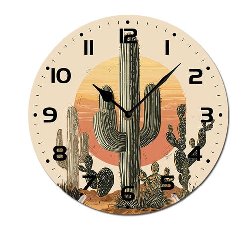 ZXCXRQFa Cactus Green Wild Plant Sunset Wood Wall Clock Silent Non ...