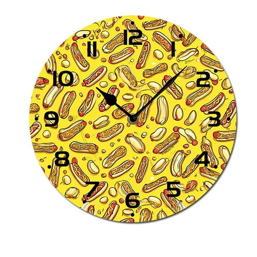 ZXCXRQFa Cartoon Hot Dog Print Yellow Silent Non Ticking Battery Operated Clock Vintage Round Clocks or Garage Basement Restaurant Workshop Wall Art 10inch