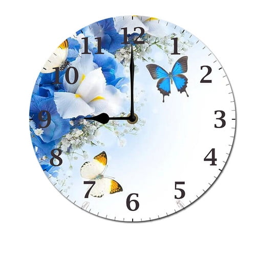 ZXCXRQFa Clock Butterfly Flower Wood Wall Clock Silent Non-Ticking Kitchen Desk Clock Battery Operated Analog Decorative Round Clocks 10 in Garden Home Decor