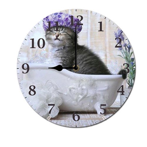 ZXCXRQFa Clock Cat In The Bathtub Home Decor Butterfly Round Wood 10 Inch Wall Clock Non Ticking Silent Clock Art for Living Room Kitchen Bedroom Decorative