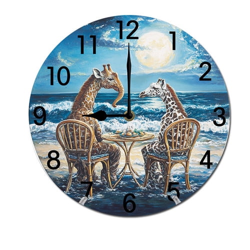 ZXCXRQFa Clock Funny Giraffe Beach Wood Wall Clock Silent Non-Ticking Kitchen Desk Clock Battery Operated Analog Decorative Round Clocks 10 in Bathroom Bedroom Living Room Home Decor