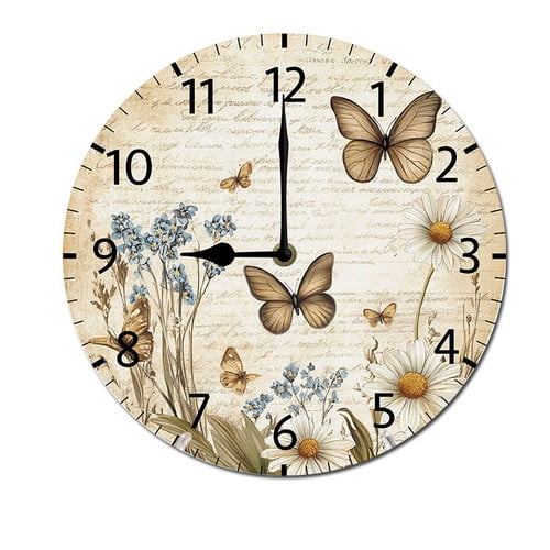 ZXCXRQFa Clock Rustic Daisy Butterflies Wall Clock Vintage Battery Operated Silent Non Ticking Round Wooden Wall Clocks Decorative for Kitchen Living Room Bedroom Office Garden Outdoor 11 Inch