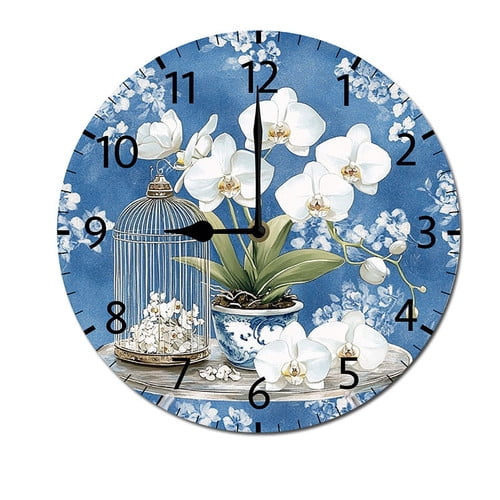 ZXCXRQFa Clock Rustic Orchids Birdcage Wall Clock Vintage Battery Operated Silent Non Ticking Round Wooden Wall Clocks Decorative for Kitchen Living Room Bedroom Office Garden Outdoor 21 Inch