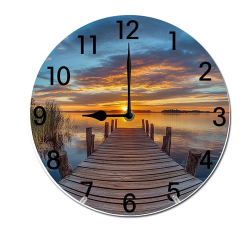 ZXCXRQFa Clock The Sunset Sea Beach Wood Wall Clock Silent Non-Ticking Kitchen Desk Clock Battery Operated Analog Decorative Round Clocks 10 in Bathroom Bedroom Living Room Home Decor