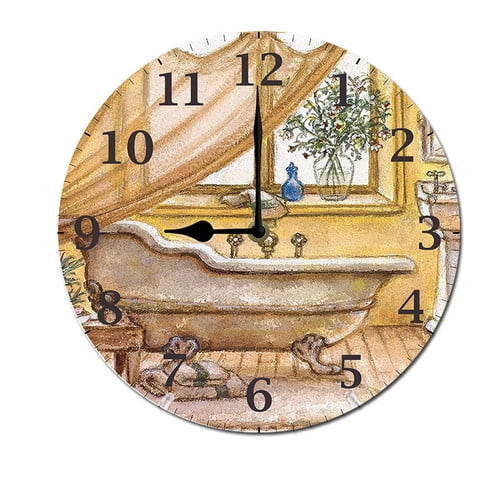 ZXCXRQFa Clock Watercolor Bathtub Wood Wall Clock Silent Non-Ticking Kitchen Desk Clock Battery Operated Analog Decorative Round Clocks 10 in Garden Home Decor