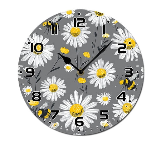 ZXCXRQFa Clocks Bee Flower Daisies Field Clock Home Decor Round Wood 10 Inch Wall Clocks Non Ticking Silent Clock Art for Living Room Kitchen Bedroom Decorative