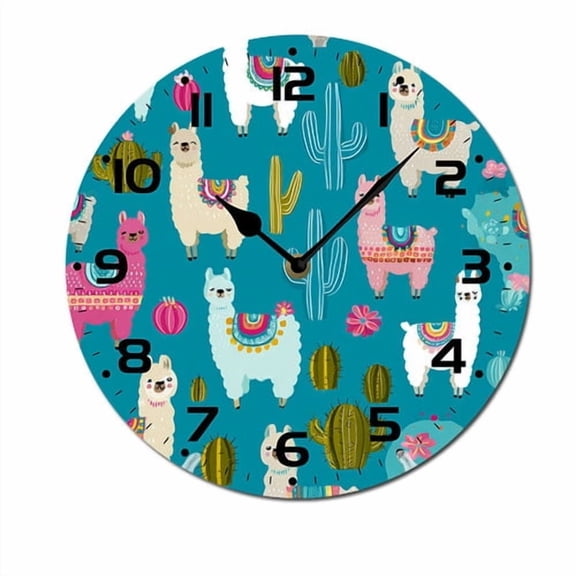 ZXCXRQFa Clocks Cartoon Style Llama Cactu Home Decorative Haning Clock Wall Decor Silent Non Ticking Round Clock for Living Room Kitchen Bedroom Dining Room 10 Inch