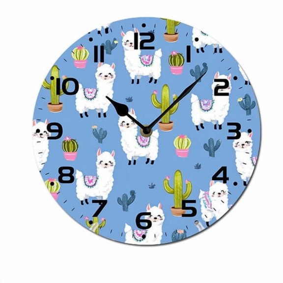 ZXCXRQFa Clocks Cartoon Style Llama Cactu Wall Clock Silent 10 Inch Battery Operated Non Ticking Round Decorative Wood Quiet Clocks for Bedroom Office School Home