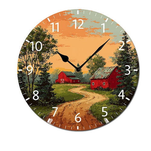 ZXCXRQFa Clocks Country Landscape Red Barns Green Trees 10" Retro Vintage Clock Non-Ticking Silent Wood Wall Clocks Battery Operated Decor Retro Design for Kitchen/Living Room/Bedroom/Farmhouse