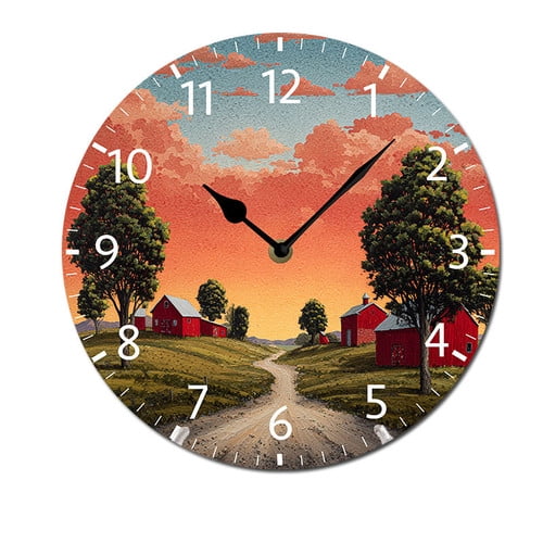 ZXCXRQFa Clocks Country Landscape Red Barns Green Trees Theme Battery Operated Silent Wall Clock Decor for Home, Kitchen, Living Room, Office, Bedroom, or Bathroom (10 Inch)