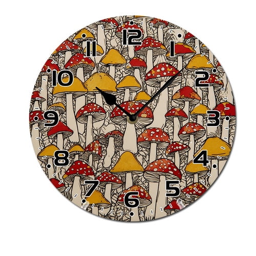 ZXCXRQFa Red Mushroom Clock Home Decor Round Wood 10 Inch Wall Clocks Non Ticking Silent Clock Art for Living Room Kitchen Bedroom Decorative
