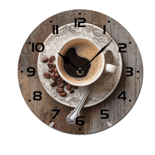 ZXCXRQFa Coffee Cup And Beans Wood Wall Clock Silent Non-Ticking Kitchen Desk Clock Battery Operated Analog Decorative Round Clocks 10 in Garden Home Decor