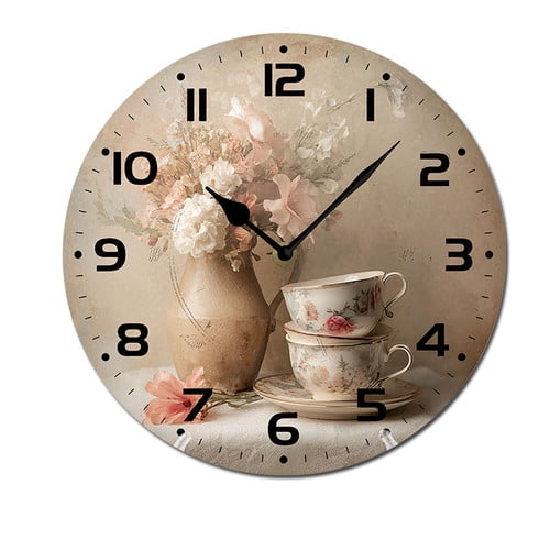 ZXCXRQFa Coffee Cup Flower Clock Wall Decor Battery Operated Floral Clocks Spring Wall Clocks Round Desk Clock 10 in Non Ticking Analog Bathroom Clocks