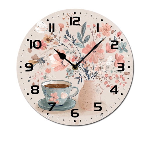 ZXCXRQFa Coffee Cup Flower Wood Wall Clock Silent Non-Ticking Kitchen Desk Clock Battery Operated Analog Decorative Round Clocks 10 in Garden Home Decor