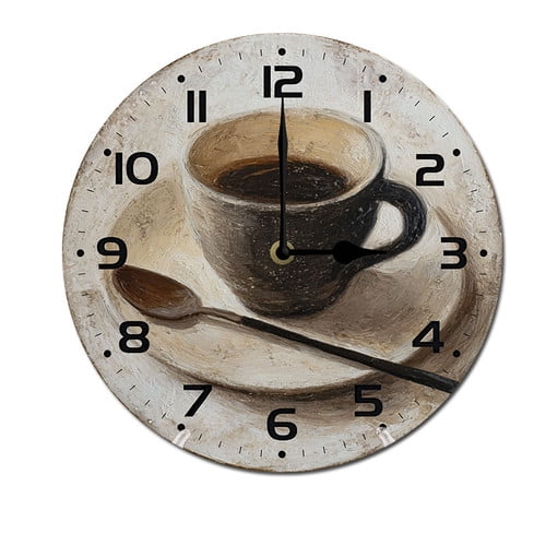 ZXCXRQFa Coffee Cup On Wooden Wall Clock Silent Non-Ticking Kitchen Desk Clock Merry Xmas Battery Operated Analog Decorative Round Clocks 10 in Garden Home Decor