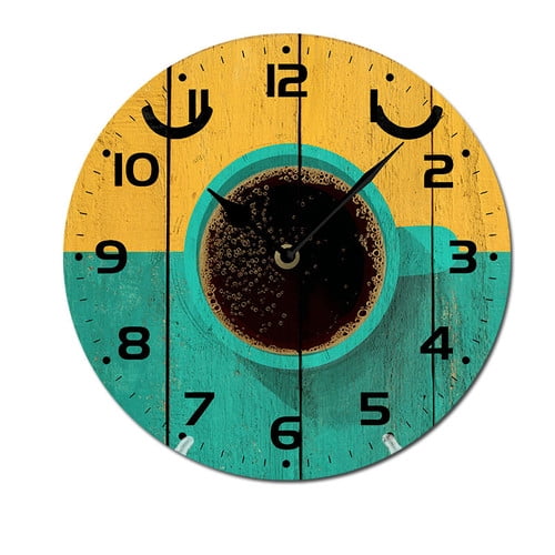 ZXCXRQFa Colorful Wooden Coffee Cup Wood Wall Clock Silent Non-Ticking Kitchen Desk Clock Battery Operated Analog Decorative Round Clocks 10 in Garden Home Decor