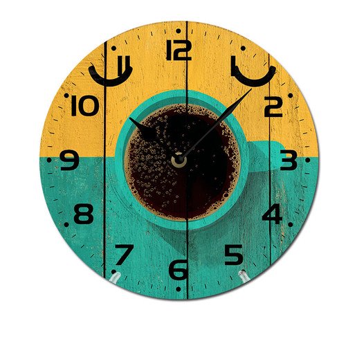 ZXCXRQFa Colorful Wooden Coffee Cup Wood Wall Clock Silent Non-Ticking Kitchen Desk Clock Battery Operated Analog Decorative Round Clocks 10 in Garden Home Decor