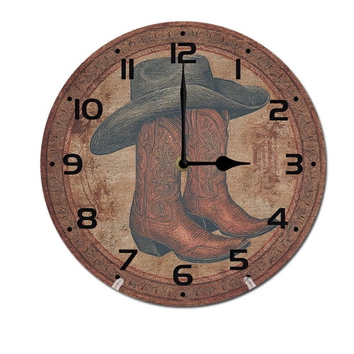 ZXCXRQFa Cowboy Hat Boots Clock Wall Decor Battery Operated Floral Clocks Spring Wall Clocks Round Desk Clock 10 in Non Ticking Analog Bathroom Clocks