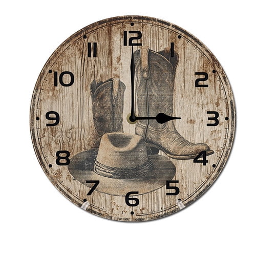 ZXCXRQFa Cowboy Hat Boots Round Wood Wall Clock, 10 Inch Battery Operated Analog Quiet Desk Clock for Home,Kitchen,Office,School,Bathroom