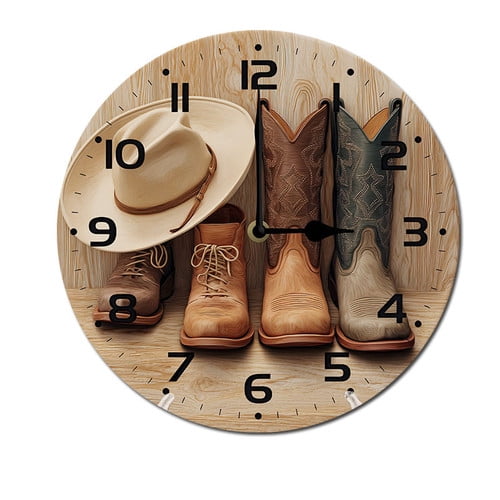 ZXCXRQFa Cowboy Hat Boots Silent Non Ticking Battery Operated Clock Vintage Round Clocks or Garage Basement Restaurant Workshop Wall Art 10inch
