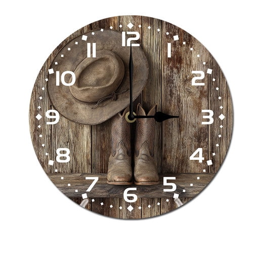 ZXCXRQFa Cowboy Hat Boots Wall Clock Silent 10 Inch Battery Operated Non Ticking Round Decorative Wood Quiet Clocks for Bedroom Office School Home