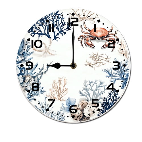 ZXCXRQFa Crab Blue And Coral Round Wood Wall Clock, 10 Inch Battery Operated Analog Quiet Desk Clock for Home,Kitchen,Office,School,Bathroom
