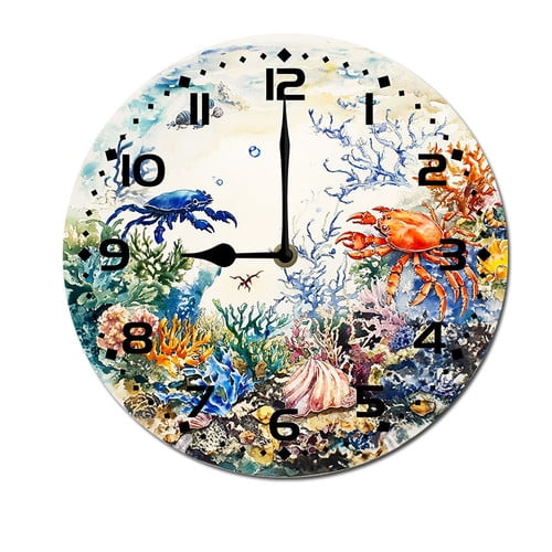 ZXCXRQFa Crab Blue And Coral Silent Wall Clocks for Living Room Kitchen Decor Bathroom Farmhouse Non Ticking Decorative Clock 10-Inch Round Clocks