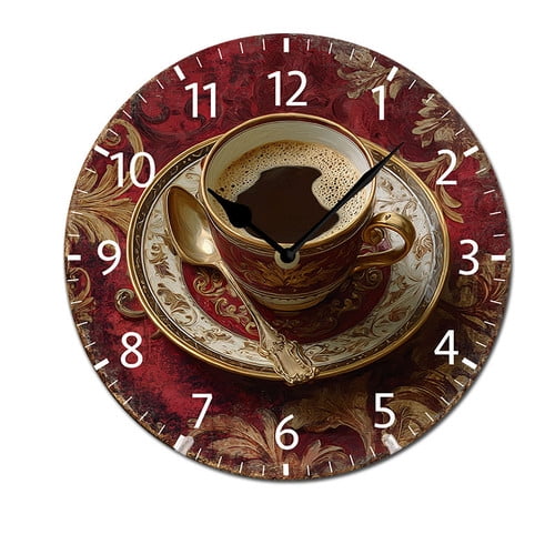 ZXCXRQFa Cup Of Coffee On The Table Silent Non Ticking Battery Operated Clock Vintage Round Clocks or Garage Basement Restaurant Workshop Wall Art 10inch
