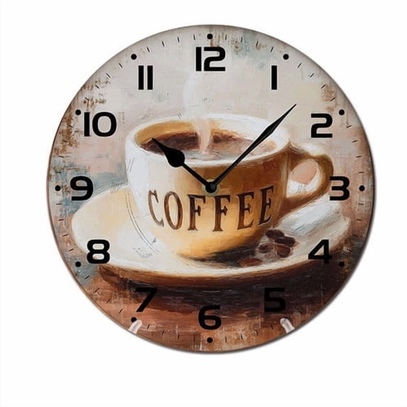 ZXCXRQFa Cup Of Coffee On The Table Wood Wall Clock Silent Non-Ticking Kitchen Desk Clock Battery Operated Analog Decorative Round Clocks 10 in Garden Home Decor