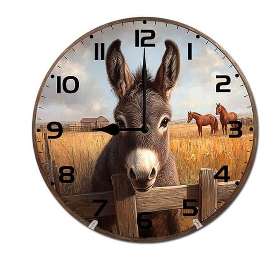 ZXCXRQFa Cute Animal Mule Face Fence Farm Silent Non Ticking Round Wood Wall Clocks Battery Operated Easy to Read 10 Inch Decorative Home Decor for Living Room,Bedroom,Kids Room