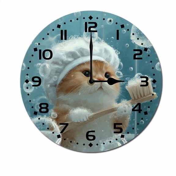 ZXCXRQFa Cute Bathing Cat Wall Clock Battery Operated Non Ticking Silent Analog Rustic Farmhouse Round Clock Wood Decor for Home Kitchen Living Room Bathroom