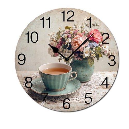 ZXCXRQFa Cute Retro Coffee Floral Wall Clocks Battery Operated 10 Inch Silent Non-Ticking Quiet Desk Clock Decor for Living Room Home Office School Kitchen