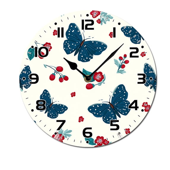 ZXCXRQFa Desk Clocks Blue Butterflies And Flowers Wooden Silent Non-Ticking 10 Inch Round Clocks Battery Operated Analog for Living Room Kitchen Bedroom Bathroom Office Home School Decor