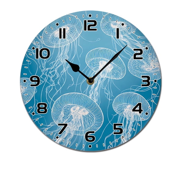 ZXCXRQFa Desk Clocks Blue Ocean Jellyfish Pattern Wooden Silent Non-Ticking 10 Inch Round Clocks Battery Operated Analog for Living Room Kitchen Bedroom Bathroom Office Home School Decor
