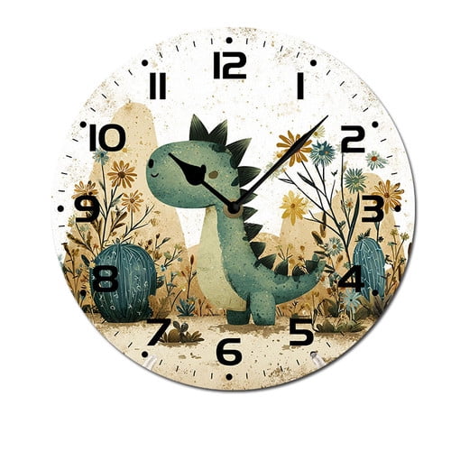 ZXCXRQFa Desk Clocks Cactus Cartoon Dinosaur In The Desert Silent Non Ticking Battery Operated Clock Vintage Round Clocks or Garage Basement Restaurant Workshop Wall Art 10inch
